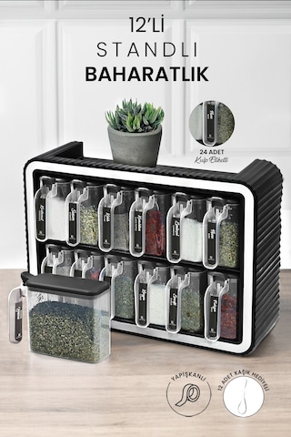 Kitchen Life 12 li Kendinden Yapışkanlı Kapaklı Kaşıklı Standlı Baharatlık Takımı Baharatlık Seti Kulplu Etiketli Beyaz - Siyah