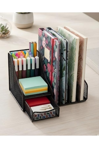 Temel Siyah Metal Mesh Masaüstü Organizer Çekmeceli Dosyalık 25x18x15 Cm 9538