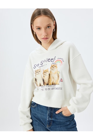 Koton Kapüşonlu Kedi Baskılı Şardonlu Rahat Kalıp Crop Sweatshirt Ekru 5wal10613ık Ekru Ekru