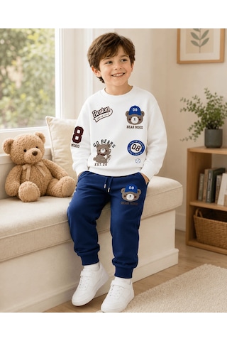 Eray Alp Kids Erkek Çocuk Ayıcık Baskılı Sweatshirt Eşofman Takımı Günlük Rahat Kombin Lacivert