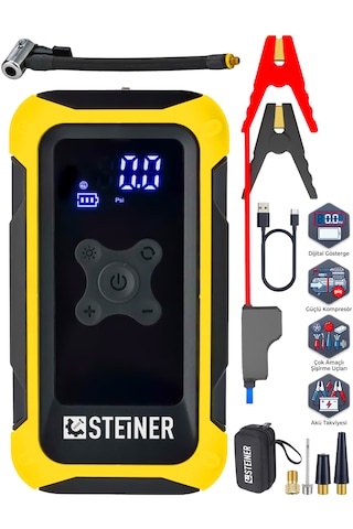 Steiner 16.000 Mah 4'ü 1 Arada 10 Bar Dijital Göstergeli Powerbank Led Fener Şarjlı Akü Takviye Cihazı Hava Kompresörü Sarı