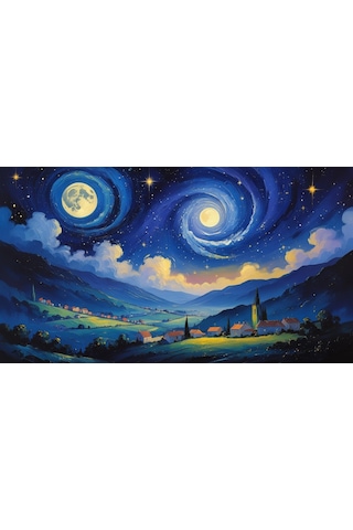 Doğa Ve Manzara Yatay Sessiz Bir Köyün Üzerinde Yıldızlı Gece Parlayan Ay 08 Çerçevesiz 90x60cm Pvc Tablo