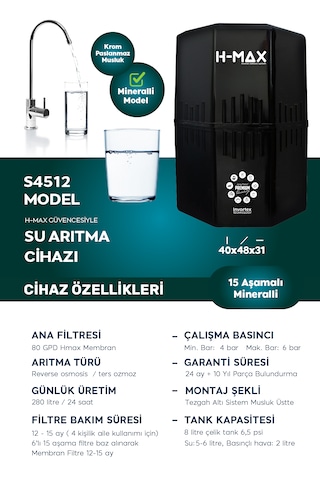 12 L Çelik Tank 15 Aşama Multi Mineral Su Arıtma Cihazı Hmaxs4512