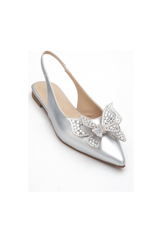 Luvishoes Luvi Shoes Orıol Gümüş Cilt Kelebek Taşlı Sivri Burun Arkası Açık Kadın Babet Ayakkabı Gümüş