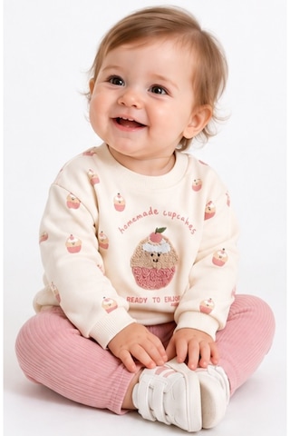 İrem Kız Bebek Cupcakes Yazılı Nakışlı Omuzu Çıtçıt Kapamalı Taytlı Bej Renk Taytlı Takım
