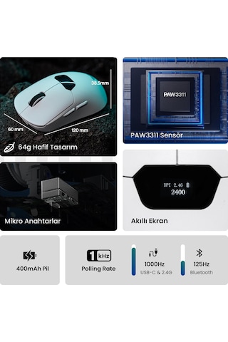 Aula Sc390 Paw3311 Sensör 20000 Dpı 1000hz Kablolu Ve Kablosuz Gaming Oyuncu Mouse Beyaz Sc390