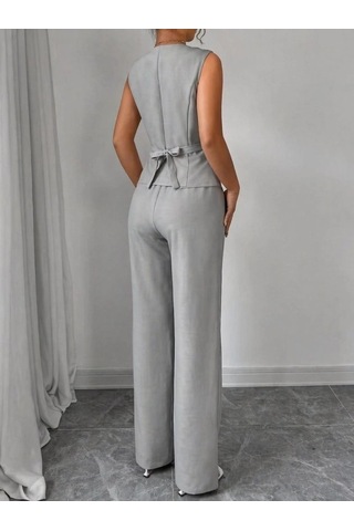 Defymoda Kadın Askılı Önden Düğmeli Bluz Ve Pantolon Keten Ikili Takım Gri