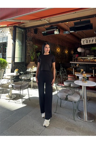 WeShaya Siyah Modal Polyester Palazzo Takım Siyah