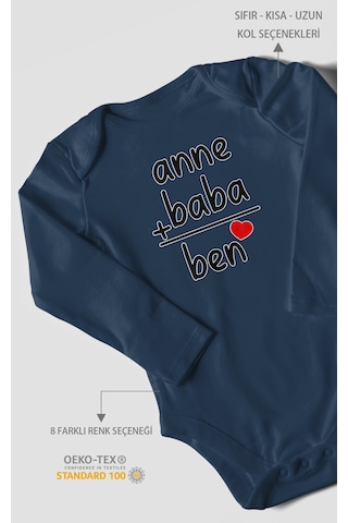 Anne Baba Ve Ben Baskılı Bebek Zıbını Çıtçıtlı Body %100 Pamuk Uzun Kol Lacivert