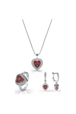 925 Ayar Lal Taşlı Rodyum Pırlanta Işıltılı Kalp 3'lü Gümüş Set-takım Ayarlanabilir Rs10055 Gümüş