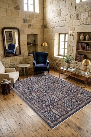 Renkli Vintage Modern Salon Koridor Yatak Ve Oturma Odası Halısı Mavi