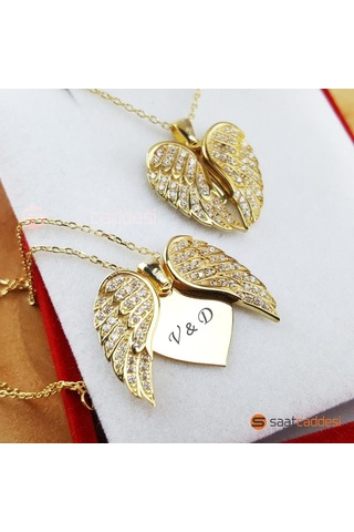 Isme Özel Gümüş Kalbimdeki Sır Melek Kanadı Altın Sarısı Kolye