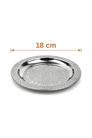 Binbir Trend 18 Cm İşlemeli Kenarlı Otantik Desenli Krom Çelik Meze Ve Servis Tabağı 30 Adet Gümüş