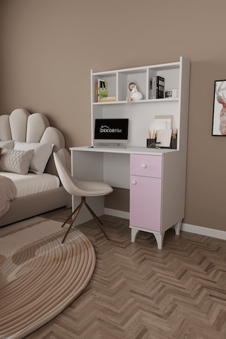 Df09107 Çekmeceli Kapaklı Kitaplıklı Çalışma Masası Pembe