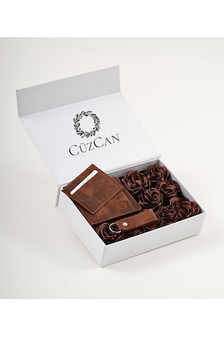 Premium Gift Rose Box M.utd Eskitme Taba Hakiki Deri Cüzdan Kartlık Anahtarlık Ve Kahve Gül Kutusu Kahverengi