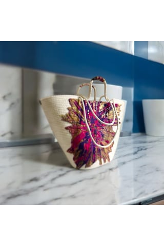 Hasır Çanta, Plaj Çantası, Tasarım Çanta, Pembe Mor Desenli El Çantası Ekru
