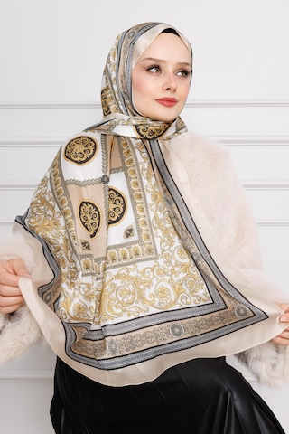 Sevitli Versace Desenli Hint İpeği Şal-krem-4536