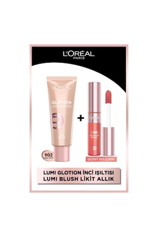 L'Oréal Paris Glotion Highlighter Likit Aydınlatıcı 902 Light Glow + Lumi Blush Likit Allık Glowy True Rose