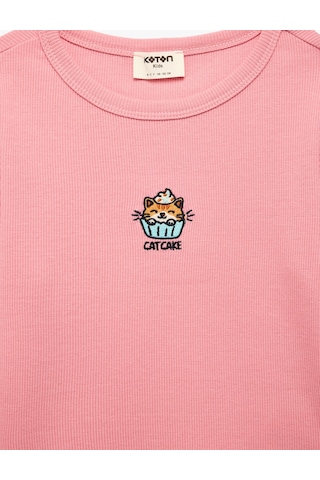 Koton Kedi Nakışlı Slim Fit Pamuklu Kaşkorse Bisiklet Yaka Uzun Kollu Tişört Pembe 7wkg10518ak Gül