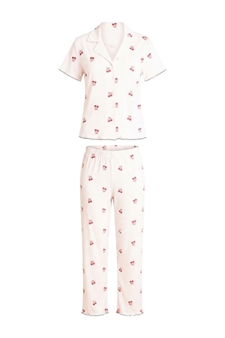 Cottonhill Krem Kiraz Desenli Pointel Gömlek Yaka Kadın Pijama Takımı