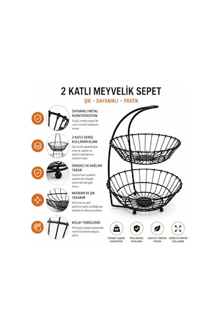 2 Katlı Metal Meyvelik Sebzelik Sepet Siyah, Tezgah Üstü Meyve Sebze Sepeti, Modern Ferforje Mutfak Düzenleyici, Dek Çok Renkli