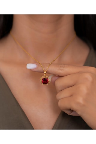 Bayar Gold 14 Ayar Altın Kırmızı Taşlı Telkari Kolye Sarı Altın