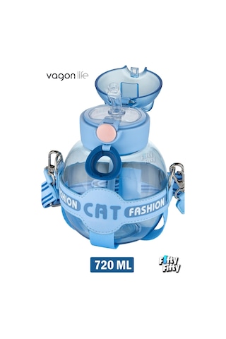 Vagonlife Pipetli 720 ML Boyun Askılı Çocuk Su Matarası -cat Fashion-ffvgn2031