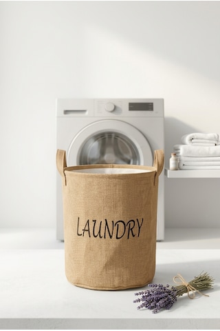 Çamaşır Sepeti Kumaş Kulplu Jüt Kumaş Katlanabilir Laundry Yazılı Bej Renk Açık Kahverengi