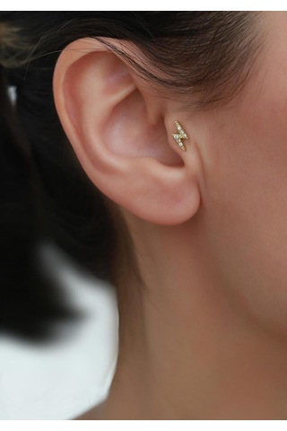 14 Ayar Altın Taşlı Şimşek Tragus Piercing Sarı