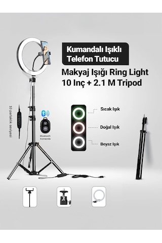 3 Renkli Led Ring Light 26 Cm 10 İnç Bluetooth Kumandalı 2.1m Tripot Youtube Tiktok Make Up Çekim Işığı Siyah