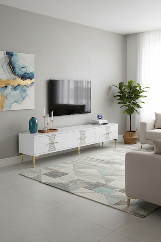 Tsa1832dbg Slim Tv Stand, Tv Sehpası Safirmeşe-beyaz-gold 180cm