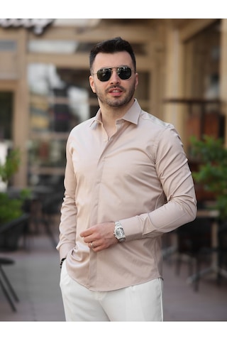 Süper Slim Fit Dar Kalıp Gizli Düğmeli Pamuk Saten Gömlek Krem