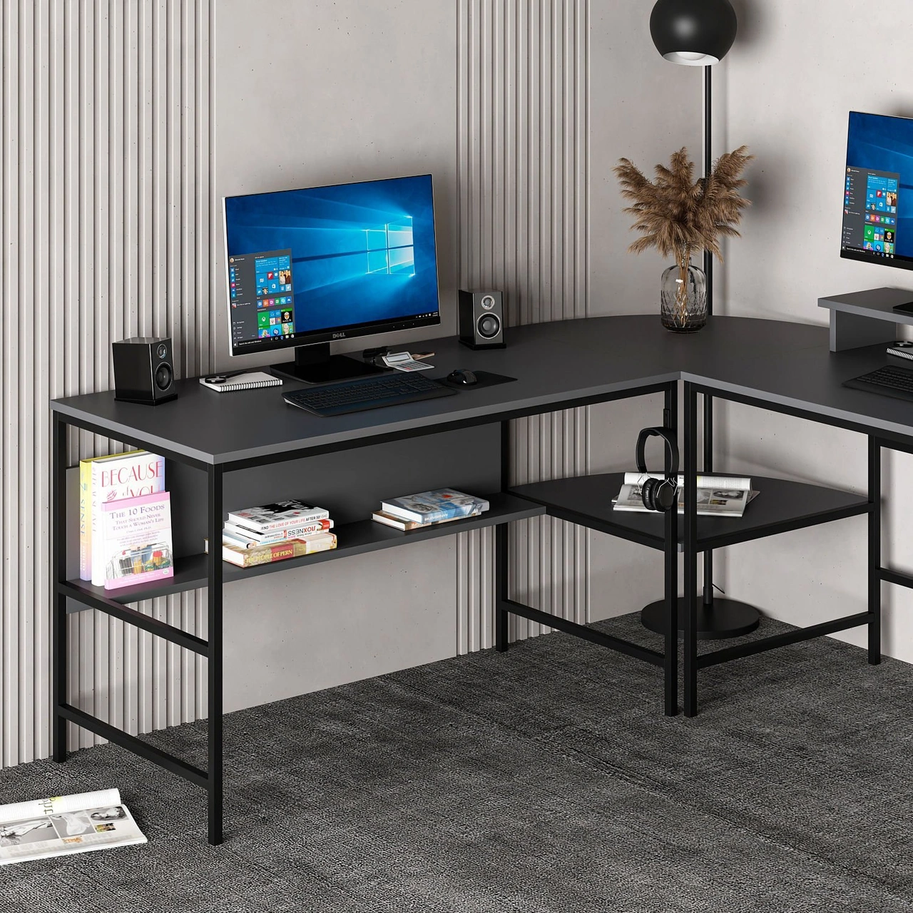 Minar Greta Raflı L Köşe Çalışma Masası - Antrasit Siyah