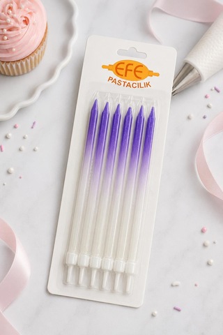 Metalik Beyaz Mor Uzun Pasta Mumu 17 Cm Karışık