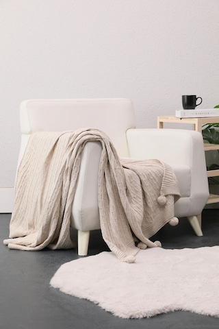 Biocotton Triko Ponponlu Örgü Tv Battaniyesi - Bej