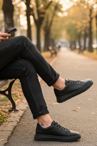Enoch Hakiki Deri Siyah Mikro Dokulu Erkek Sneaker Ortopedik Taban Siyah