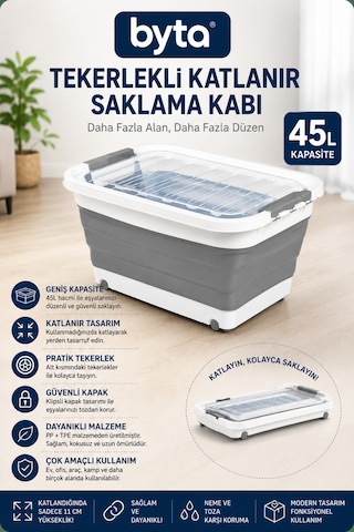 45 Litre Tekerlekli Katlanır Saklama Kabı Şeffaf Kapaklı Çok Amaçlı Dolap Ve Ev Düzenleyici Organizer Kutu Gri