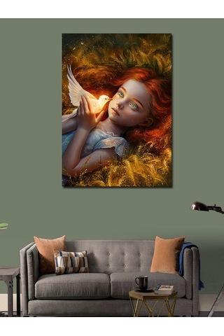 Kanvas Tablo Kızıl Saçlı Kız Ve Beyaz Güvercin 70cmx100cm