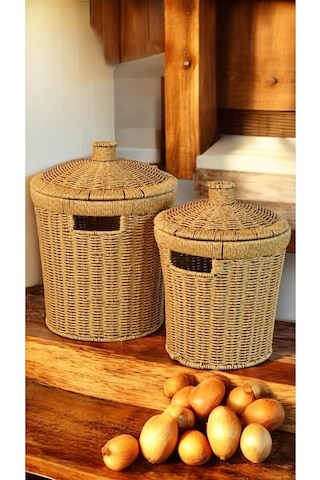 Reoona 2'li Kapaklı Rattan Konik Çok Amaçlı Patates- Soğan Sepeti Açık Ahşap