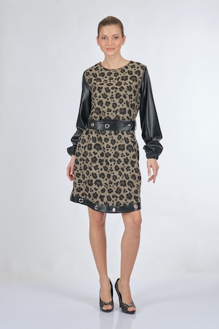 Unique Mode Yuvarlak Yaka Leopar Desenli Siyah Kadın Elbise UW233