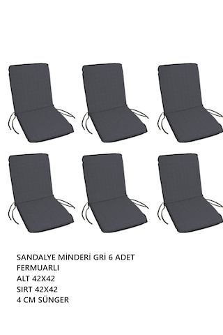 Sandalye Minderi Yıkanabilir Fermuarlı Lastikli 6'lı Gri 4 Cm Sünger Alt 42x42 Sırt 42x42 Gri