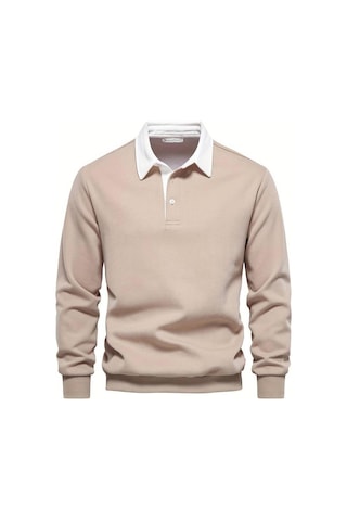 Ghassy Co. Erkek Retro Renk Bloklu Pamuklu Gömlek Yaka Sweatshirt Bej