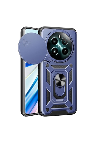 Realme 12 Plus Kılıf Magnetik Standlı Kamera Korumalı Zore Sürgülü Vega Kapak Mavi