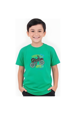 Fyk Kids Erkek Çocuk Yuvarlak Yaka Bisiklet 52 Erkek Baskılı T-shirt Yeşil