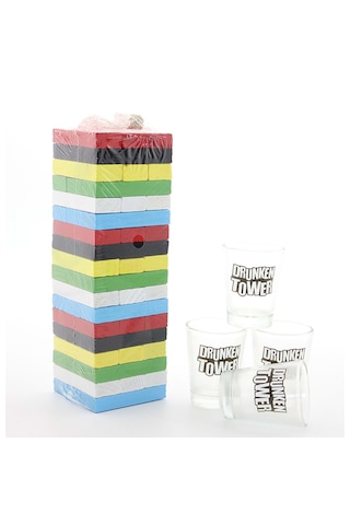 Jenga Shot Bardak Oyunu Ahşap Denge Oyunu Ve 4 Cam Shot Bardak Seti