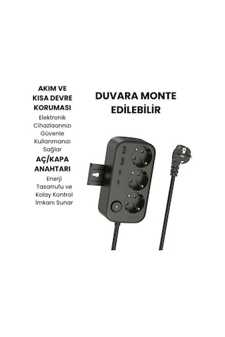 Vtn-34 Akım Korumalı Priz 2 Usb + 2 Type-c Girişli 2 Metre Kablosu Anahtarlı Ve Duvara Monte Edilebi 2 M