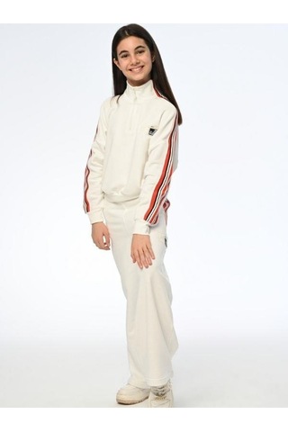 Kız Çocuk Bol Paça Yüksek Bel Yanları Çizgili Eşofman Alt-13400-ekru Ekru