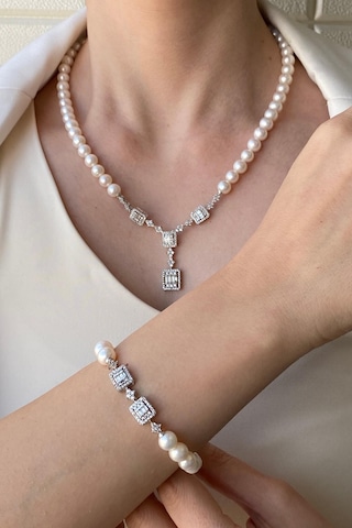 7,5 Mm Kadın Baget Doğal İnci Kolye Bileklik İkili Set Gümüş