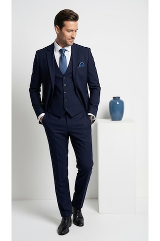 Erkek 3 Parça Slim Fit Takım Elbise Klasik Likralı Kumaş, Tek Düğme, Çift Yırtmaçlı Modern Kesim Ceket Yelek Pantolon Lacivert