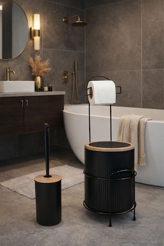 Modern Banyo Seti Kapaklı Çöp Kovası, Tuvalet Kağıtlığı Ve Wc Fırçası Minimal Tasarım Siyah Modern Banyo Seti Kapaklı Çöp Kovası, Tuvalet Kağıtlığı Ve Wc Fırçası Minimal Tasarım Siyah